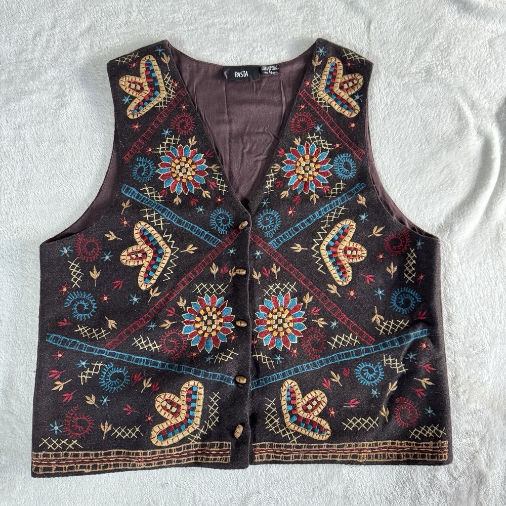 PASTA Embroidered Wool Vest Womens Large Brown Boho Folk Artisan Cottagecore